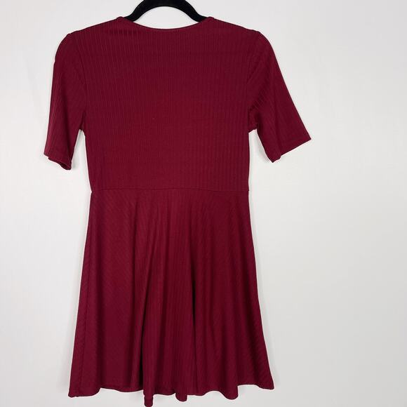 Aqua Girls XLarge XL Burgundy Red Rib Knit Fit and Flare Dress Short Sleeve Crew - Picture 2 of 8